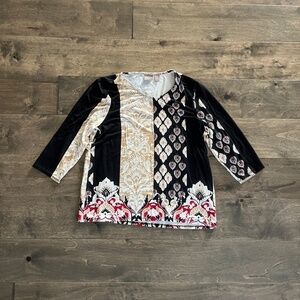 CHICOS EUC Black Long Sleeve Printed Tunic